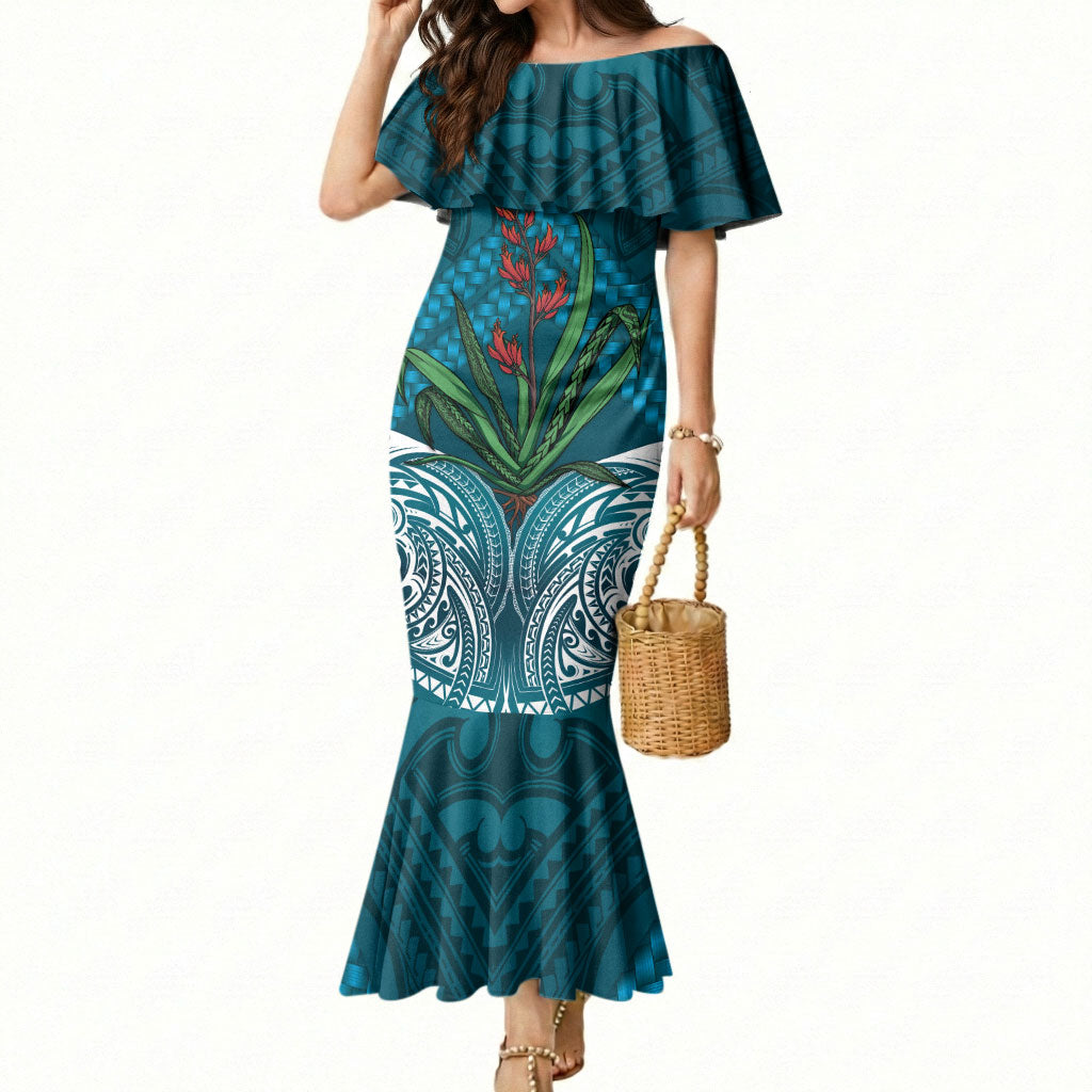 Rongoa Maori New Zealand Harakeke Mermaid Dress NZ Weaving Pattern Dark Teal
