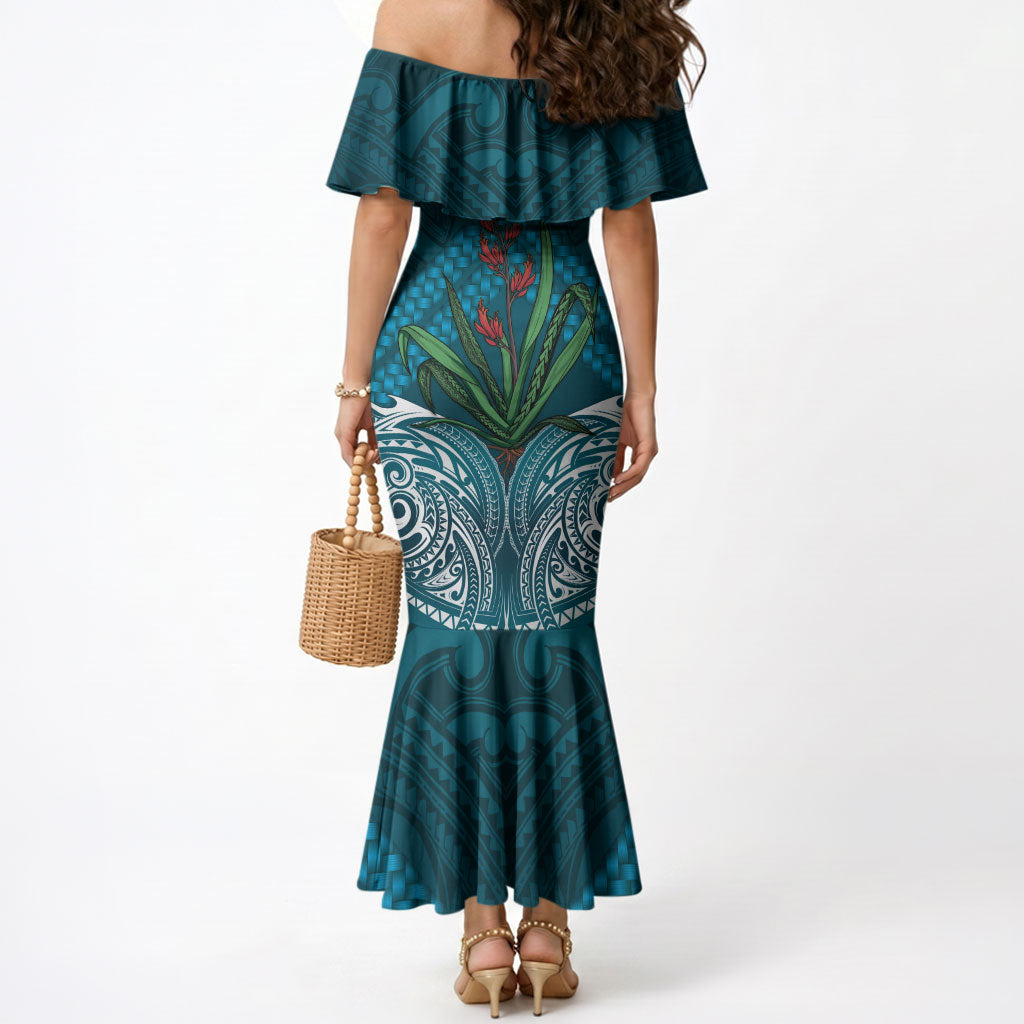 Rongoa Maori New Zealand Harakeke Mermaid Dress NZ Weaving Pattern Dark Teal