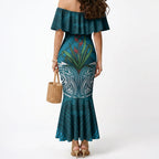 Rongoa Maori New Zealand Harakeke Mermaid Dress NZ Weaving Pattern Dark Teal