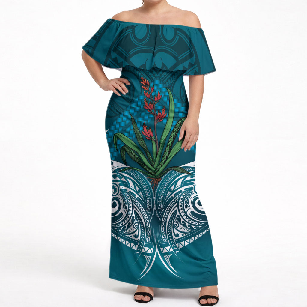 Rongoa Maori New Zealand Harakeke Off Shoulder Maxi Dress NZ Weaving Pattern Dark Teal