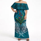 Rongoa Maori New Zealand Harakeke Off Shoulder Maxi Dress NZ Weaving Pattern Dark Teal