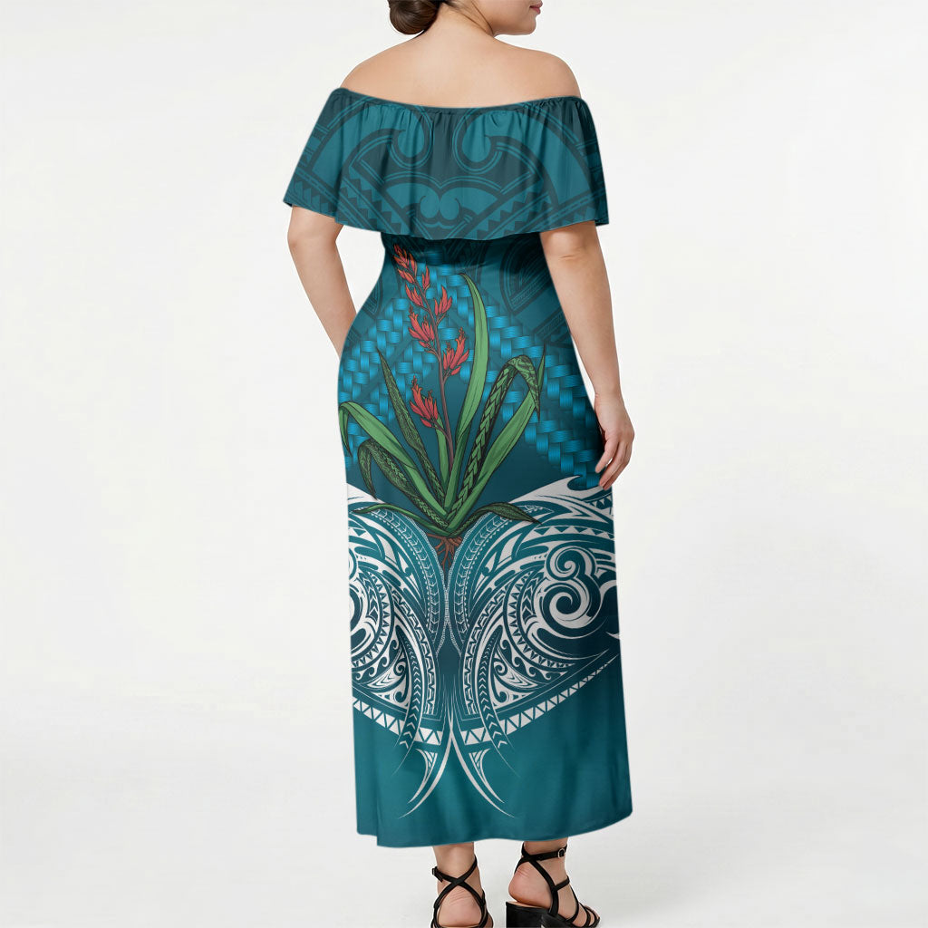 Rongoa Maori New Zealand Harakeke Off Shoulder Maxi Dress NZ Weaving Pattern Dark Teal