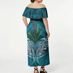 Rongoa Maori New Zealand Harakeke Off Shoulder Maxi Dress NZ Weaving Pattern Dark Teal