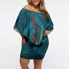 Rongoa Maori New Zealand Harakeke Off Shoulder Short Dress NZ Weaving Pattern Dark Teal