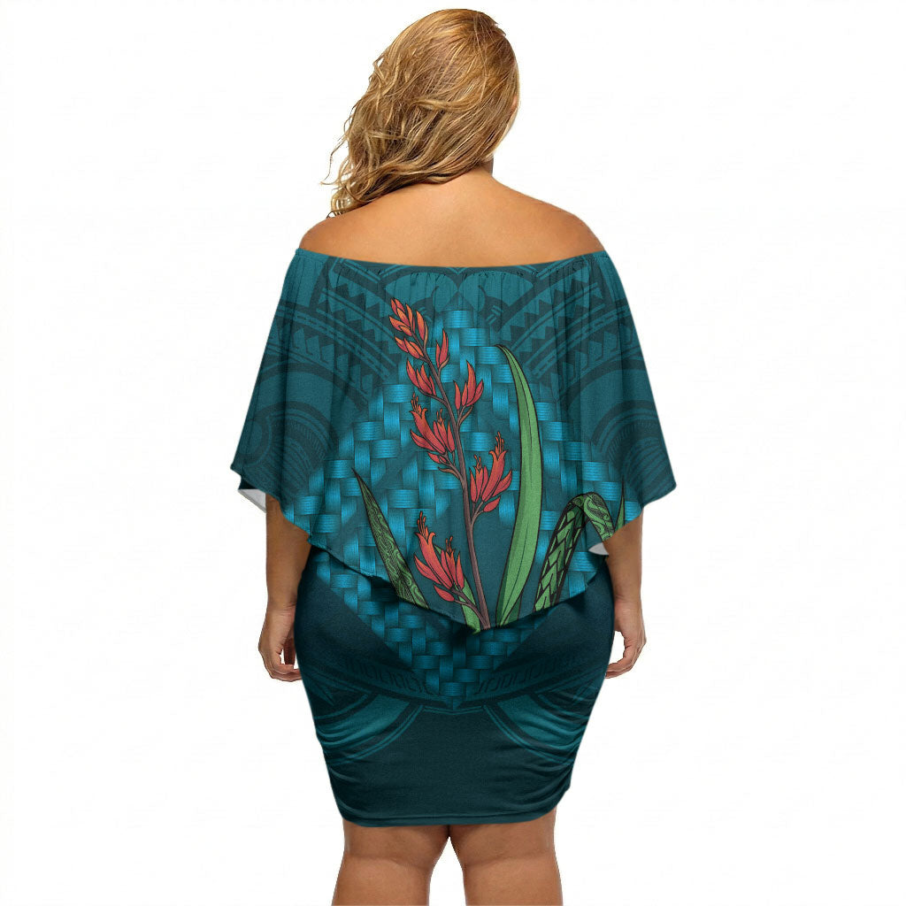 Rongoa Maori New Zealand Harakeke Off Shoulder Short Dress NZ Weaving Pattern Dark Teal