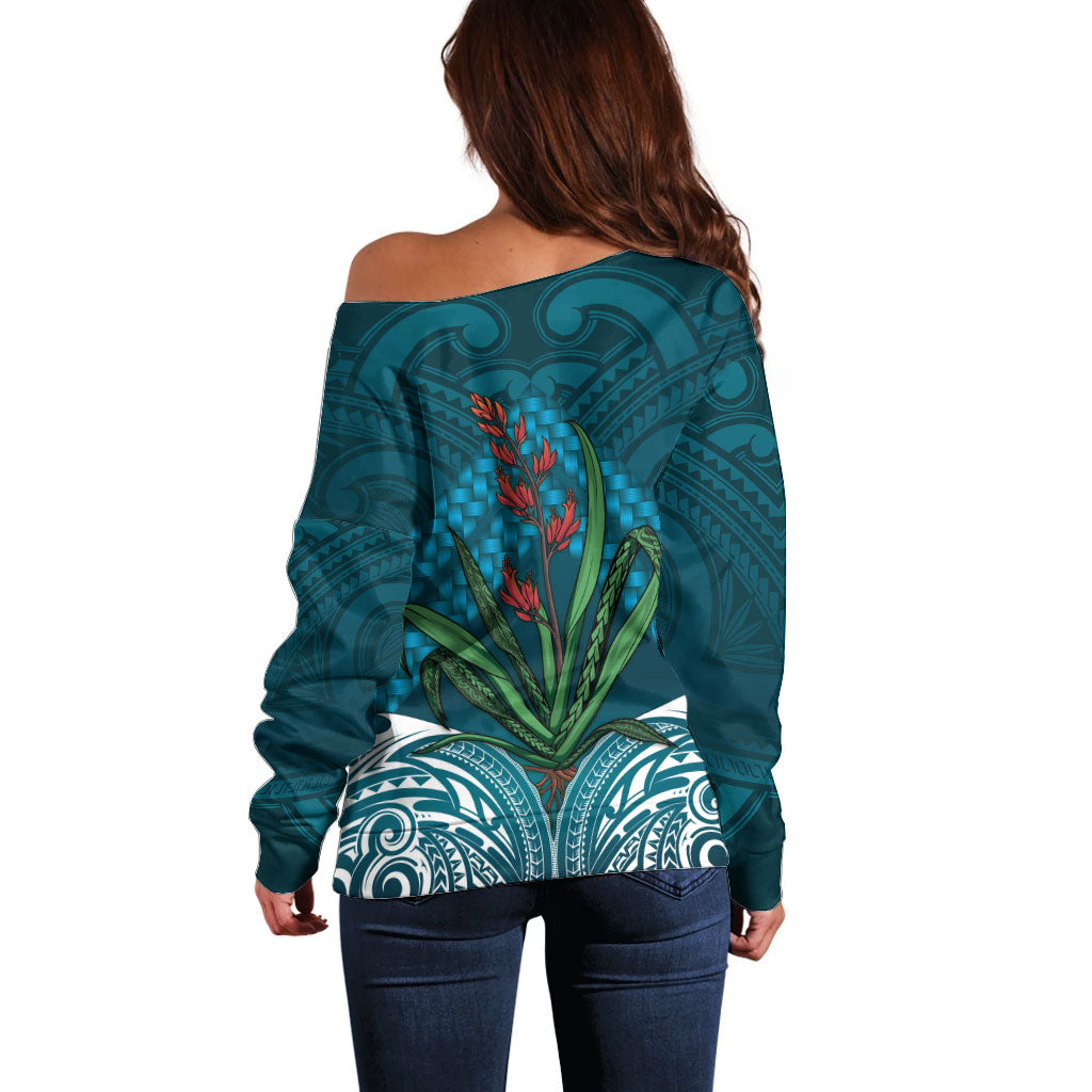 Rongoa Maori New Zealand Harakeke Off Shoulder Sweater NZ Weaving Pattern Dark Teal