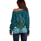 Rongoa Maori New Zealand Harakeke Off Shoulder Sweater NZ Weaving Pattern Dark Teal