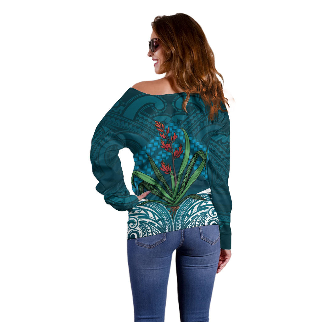 Rongoa Maori New Zealand Harakeke Off Shoulder Sweater NZ Weaving Pattern Dark Teal