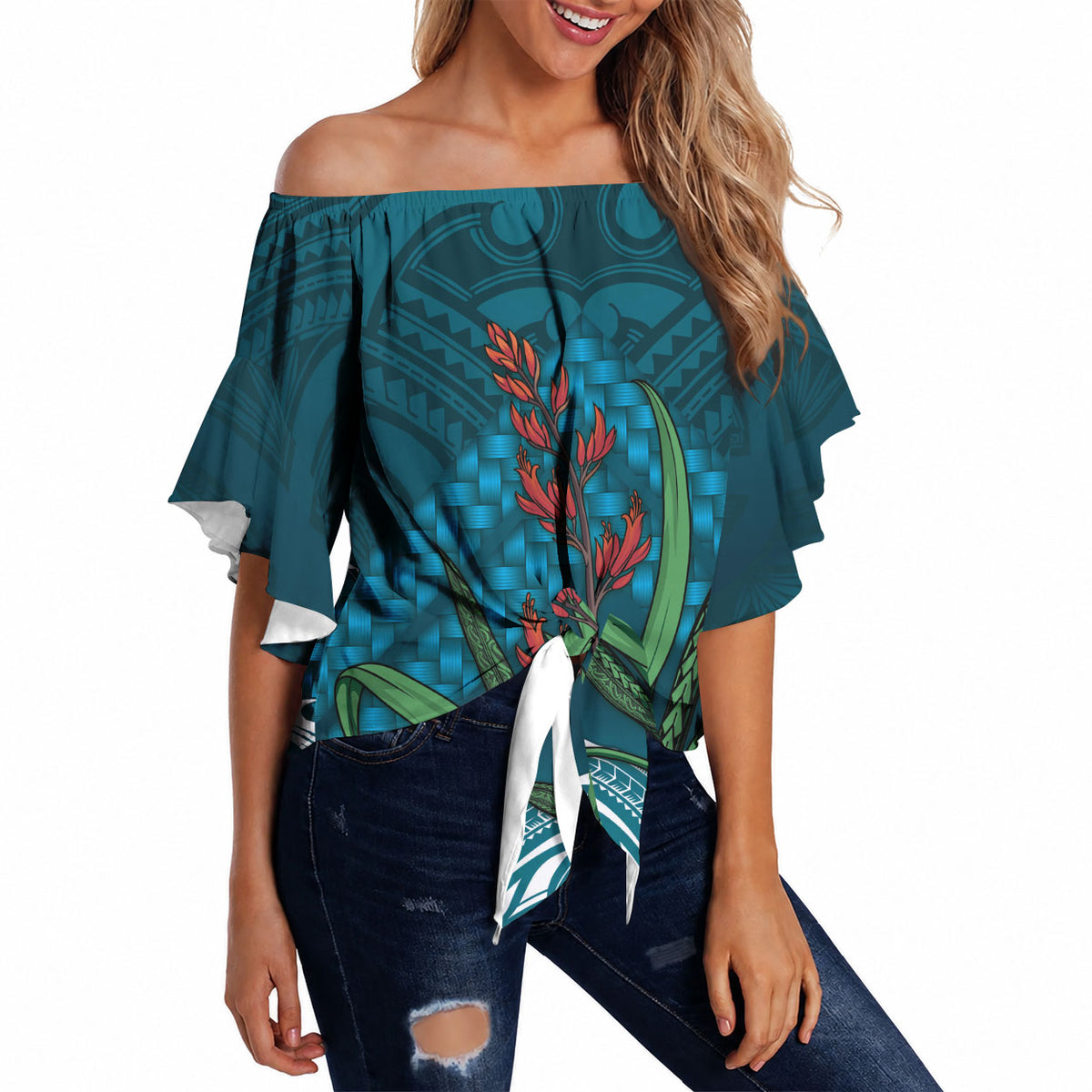 Rongoa Maori New Zealand Harakeke Off Shoulder Wrap Waist Top NZ Weaving Pattern Dark Teal