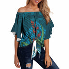 Rongoa Maori New Zealand Harakeke Off Shoulder Wrap Waist Top NZ Weaving Pattern Dark Teal