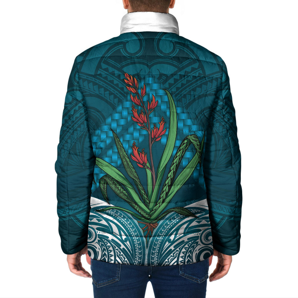 Rongoa Maori New Zealand Harakeke Padded Jacket NZ Weaving Pattern Dark Teal