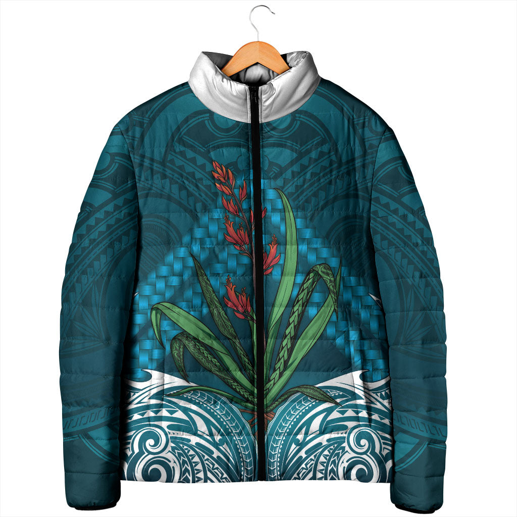 Rongoa Maori New Zealand Harakeke Padded Jacket NZ Weaving Pattern Dark Teal