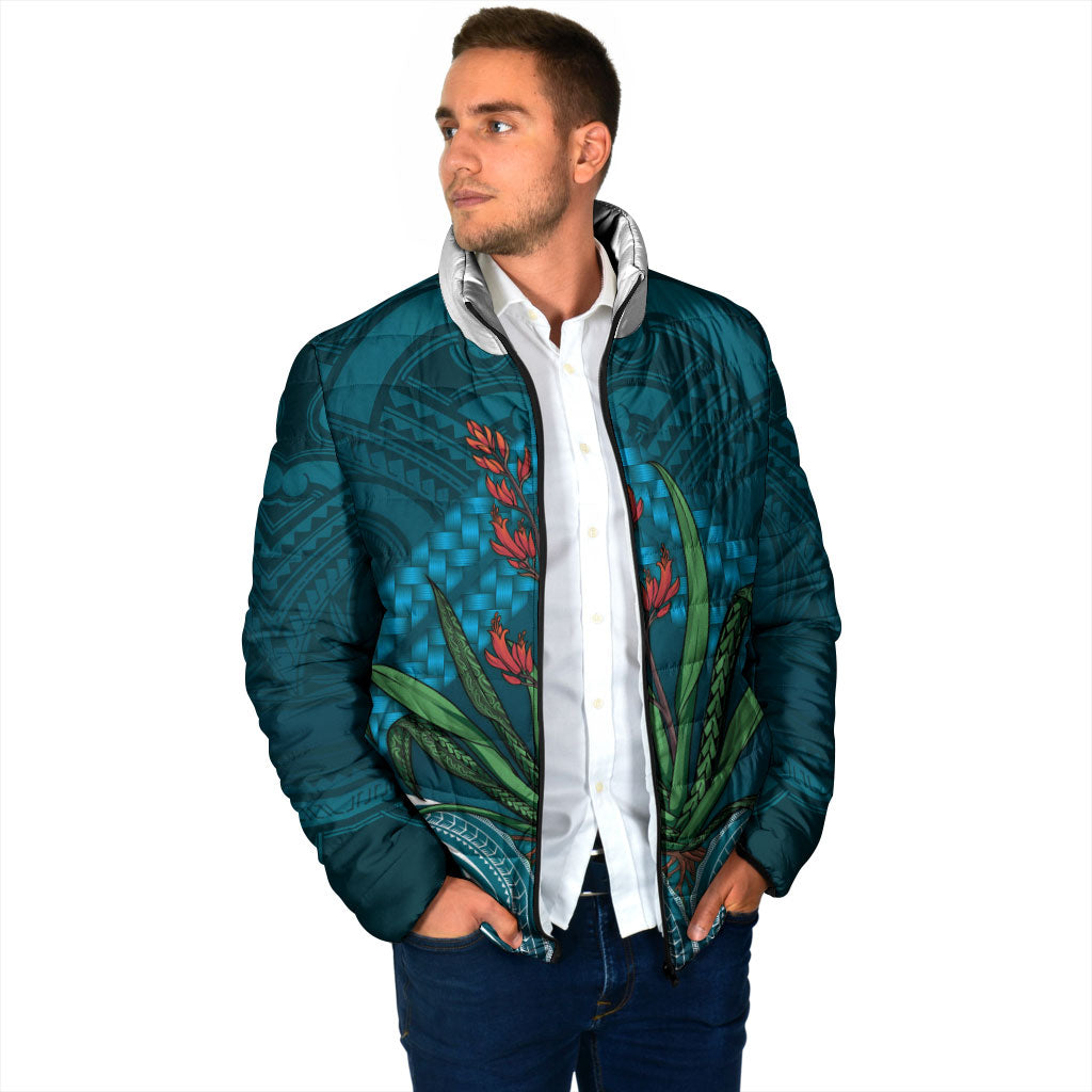 Rongoa Maori New Zealand Harakeke Padded Jacket NZ Weaving Pattern Dark Teal
