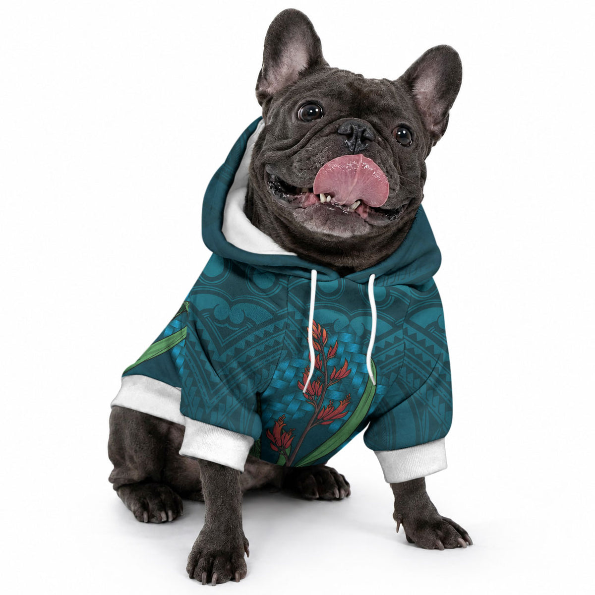 Rongoa Maori New Zealand Harakeke Pet Hoodie NZ Weaving Pattern Dark Teal