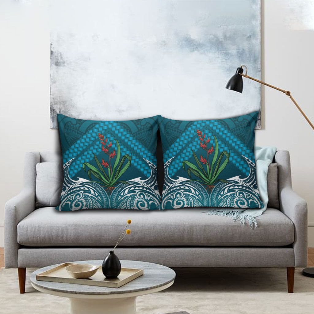 Rongoa Maori New Zealand Harakeke Pillow Cover NZ Weaving Pattern Dark Teal