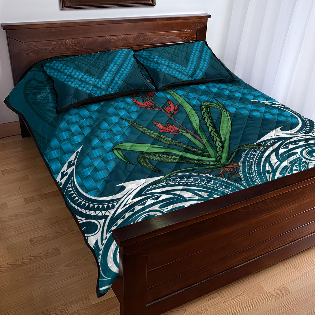 Rongoa Maori New Zealand Harakeke Quilt Bed Set NZ Weaving Pattern Dark Teal