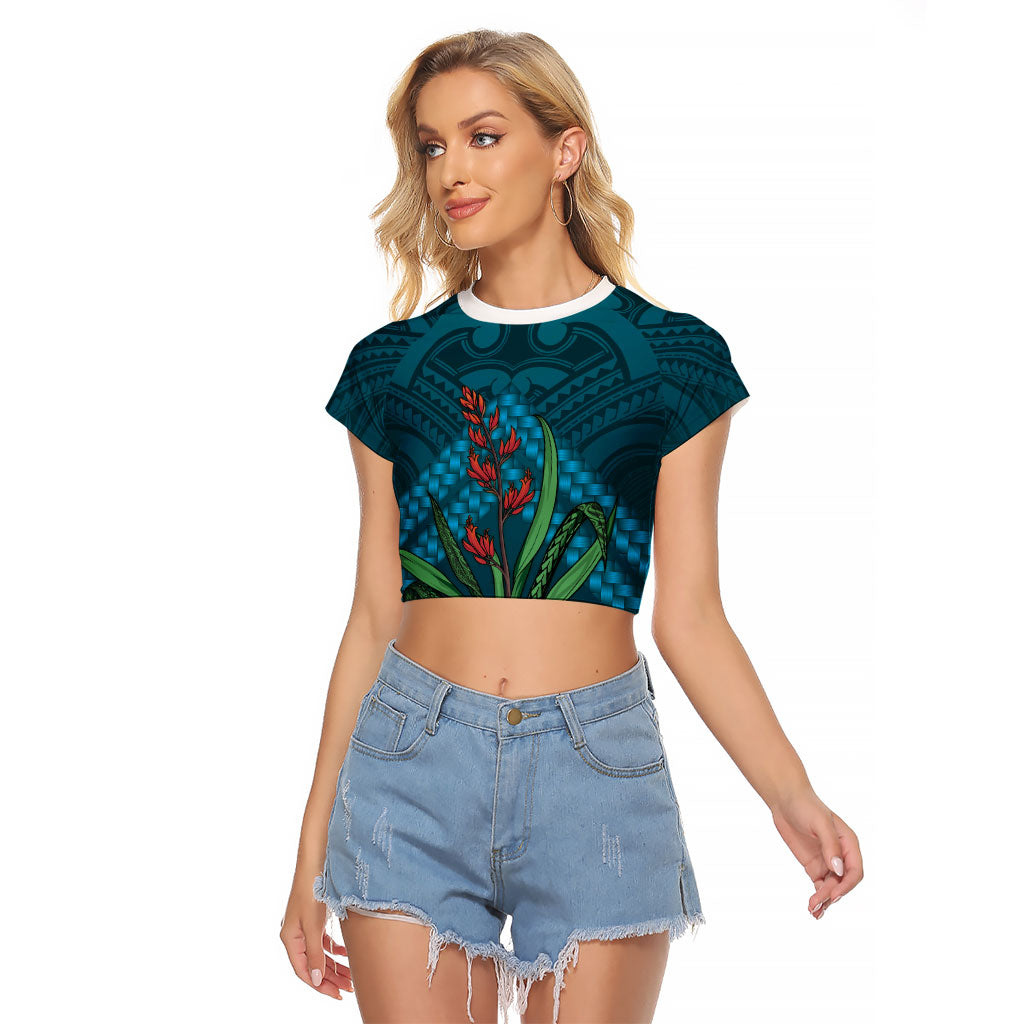 Rongoa Maori New Zealand Harakeke Raglan Cropped T Shirt NZ Weaving Pattern Dark Teal