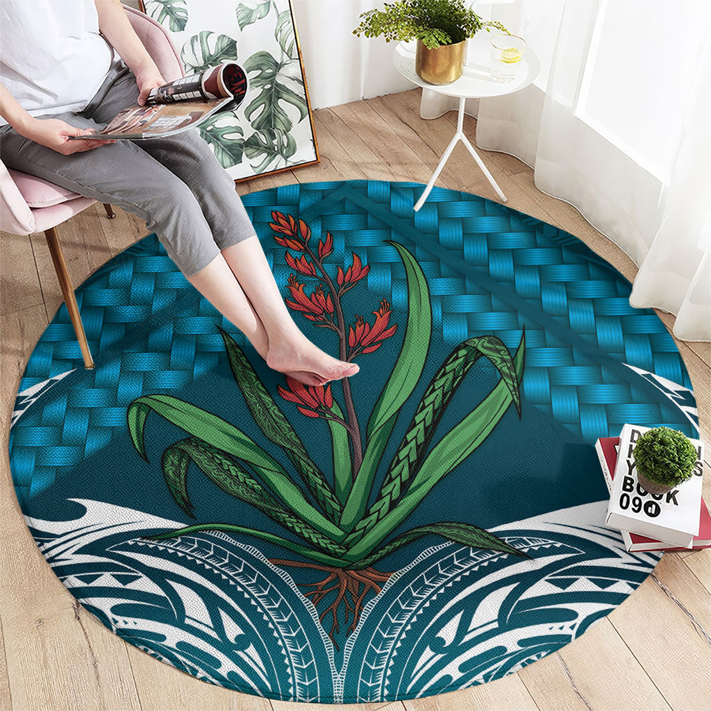 Rongoa Maori New Zealand Harakeke Round Carpet NZ Weaving Pattern Dark Teal