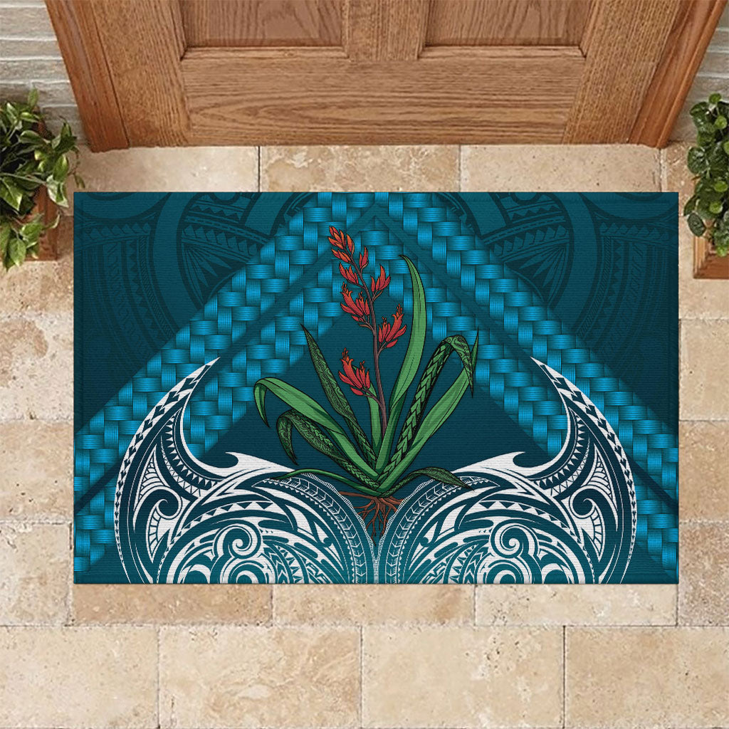 Rongoa Maori New Zealand Harakeke Rubber Doormat NZ Weaving Pattern Dark Teal