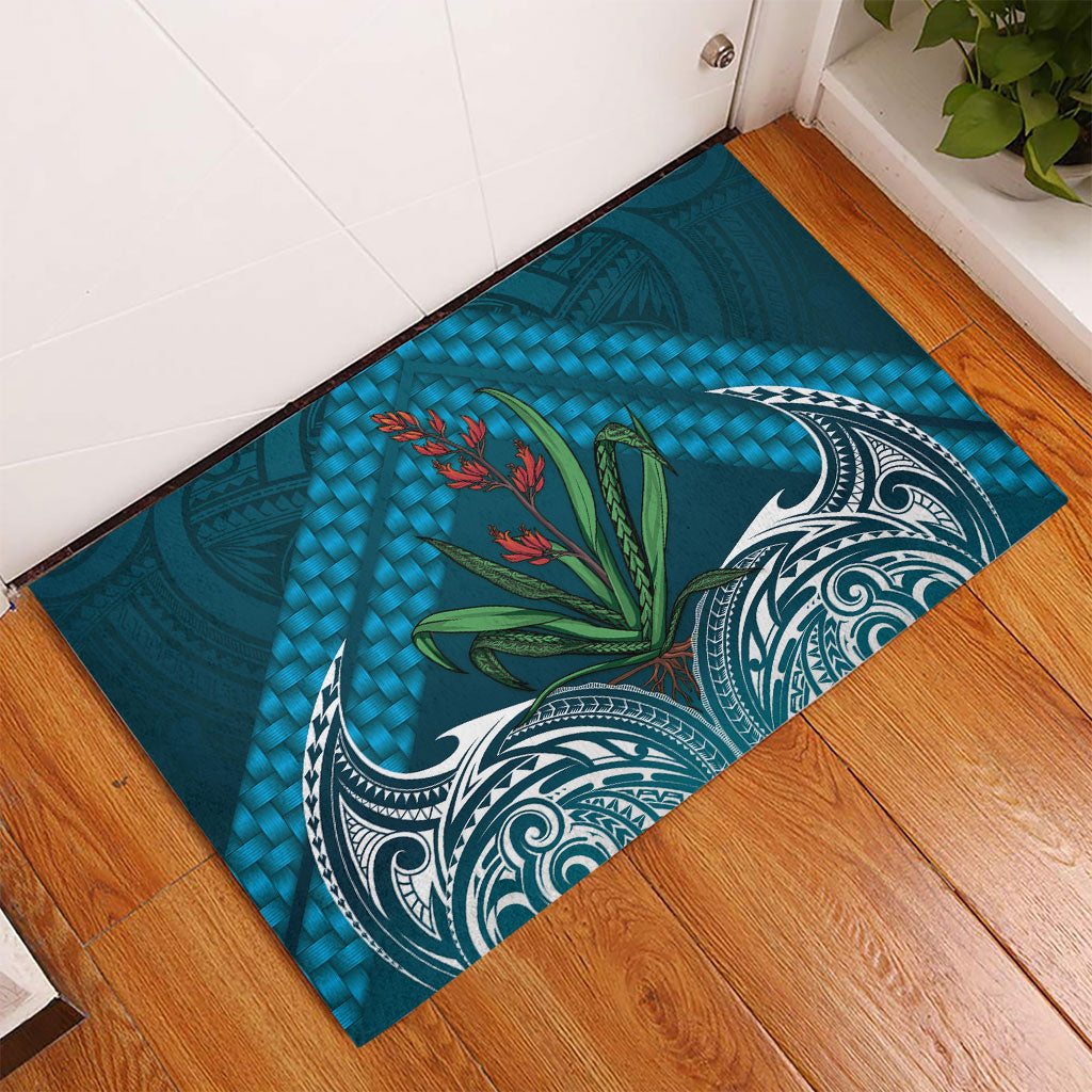 Rongoa Maori New Zealand Harakeke Rubber Doormat NZ Weaving Pattern Dark Teal