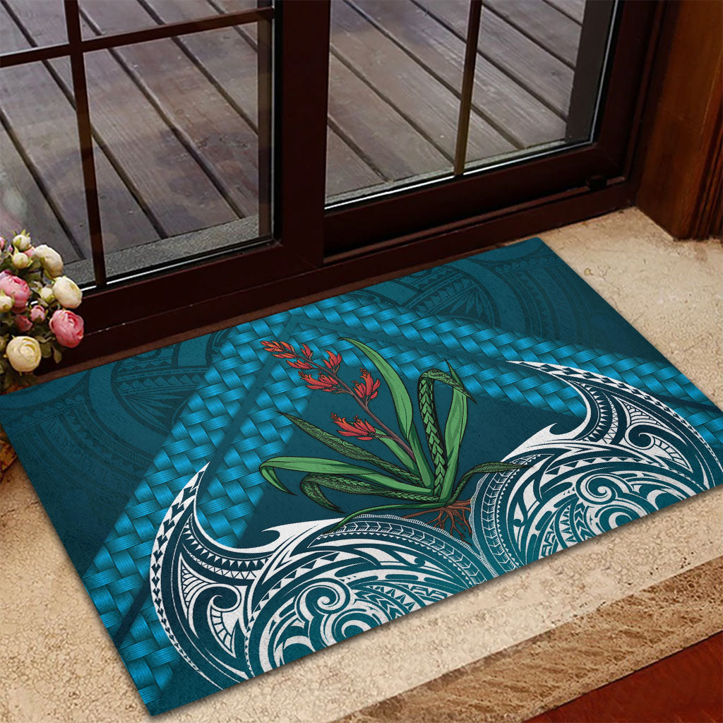 Rongoa Maori New Zealand Harakeke Rubber Doormat NZ Weaving Pattern Dark Teal