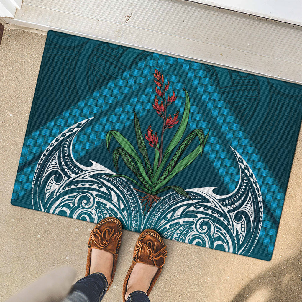 Rongoa Maori New Zealand Harakeke Rubber Doormat NZ Weaving Pattern Dark Teal