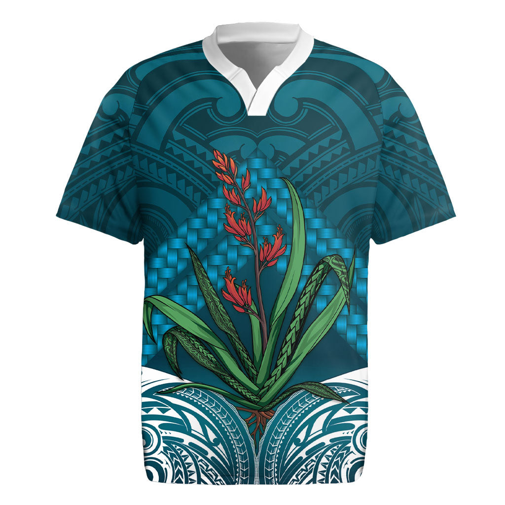 Rongoa Maori New Zealand Harakeke Rugby Jersey NZ Weaving Pattern Dark Teal