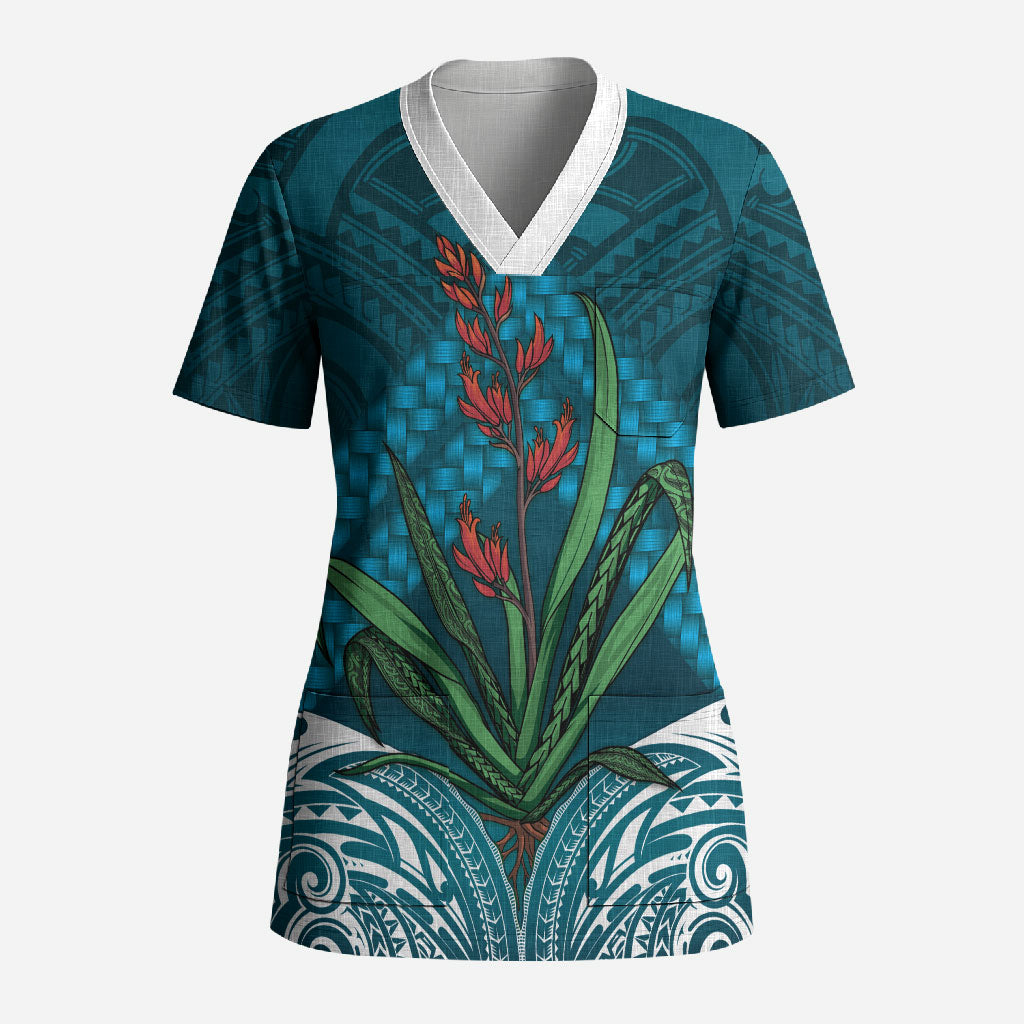 Rongoa Maori New Zealand Harakeke Scrub Top NZ Weaving Pattern Dark Teal