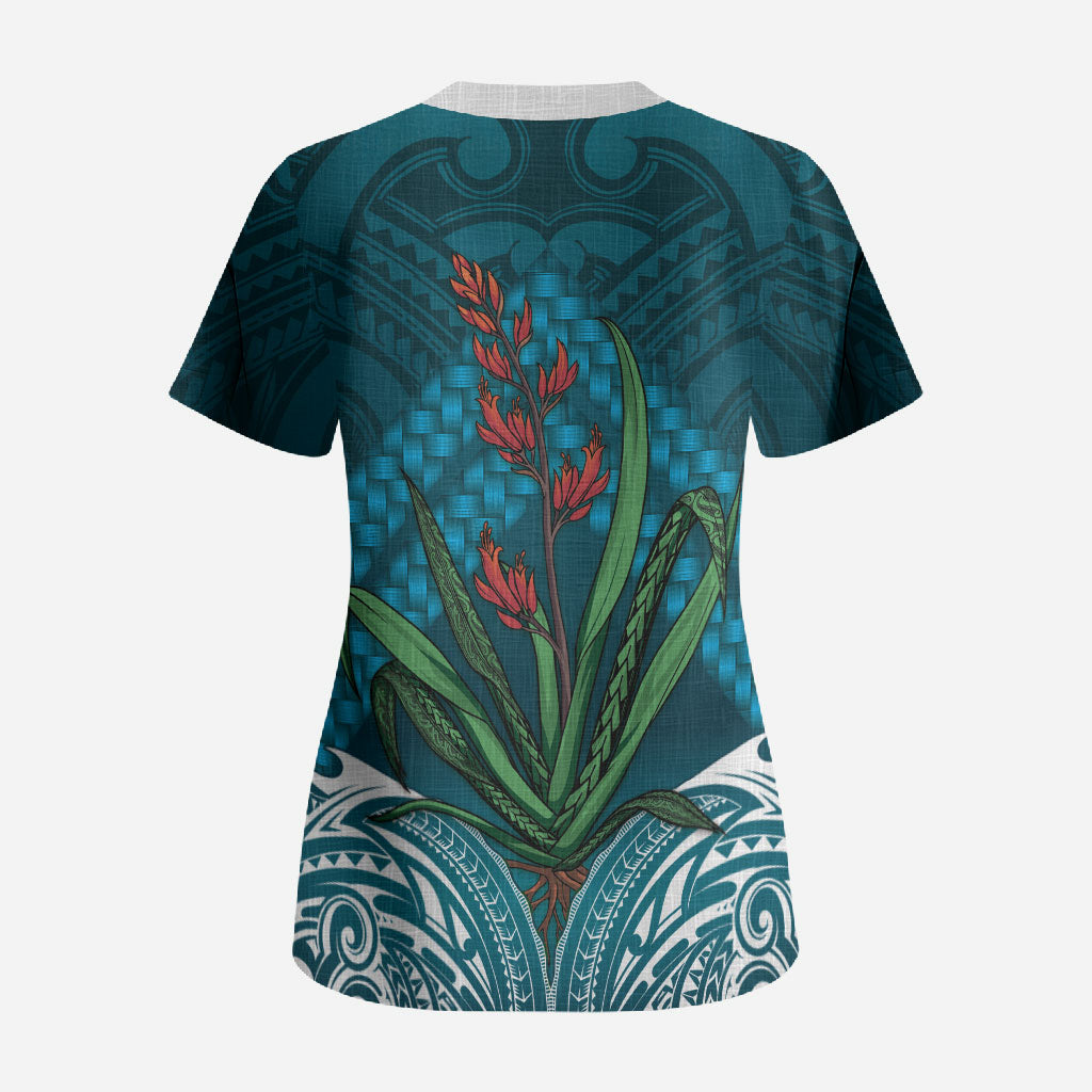 Rongoa Maori New Zealand Harakeke Scrub Top NZ Weaving Pattern Dark Teal