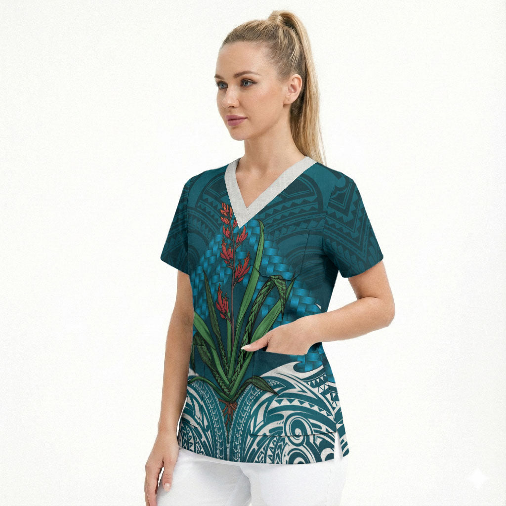 Rongoa Maori New Zealand Harakeke Scrub Top NZ Weaving Pattern Dark Teal