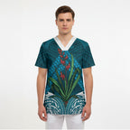 Rongoa Maori New Zealand Harakeke Scrub Top NZ Weaving Pattern Dark Teal