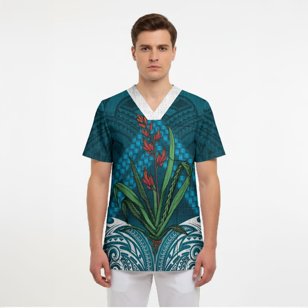 Rongoa Maori New Zealand Harakeke Scrub Top NZ Weaving Pattern Dark Teal