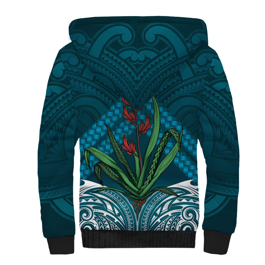 Rongoa Maori New Zealand Harakeke Sherpa Hoodie NZ Weaving Pattern Dark Teal