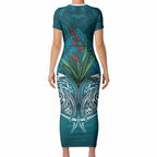Rongoa Maori New Zealand Harakeke Short Sleeve Bodycon Dress NZ Weaving Pattern Dark Teal