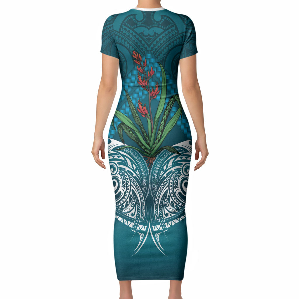 Rongoa Maori New Zealand Harakeke Short Sleeve Bodycon Dress NZ Weaving Pattern Dark Teal