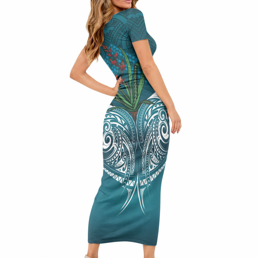 Rongoa Maori New Zealand Harakeke Short Sleeve Bodycon Dress NZ Weaving Pattern Dark Teal