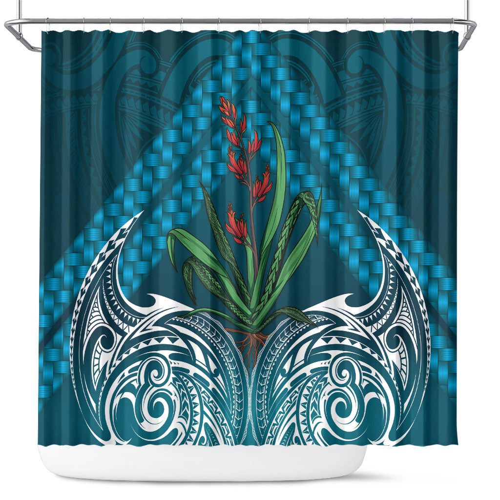Rongoa Maori New Zealand Harakeke Shower Curtain NZ Weaving Pattern Dark Teal