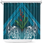 Rongoa Maori New Zealand Harakeke Shower Curtain NZ Weaving Pattern Dark Teal