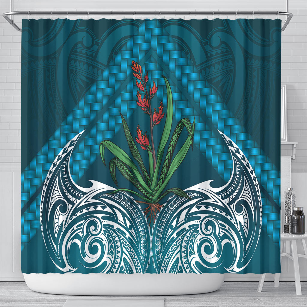 Rongoa Maori New Zealand Harakeke Shower Curtain NZ Weaving Pattern Dark Teal