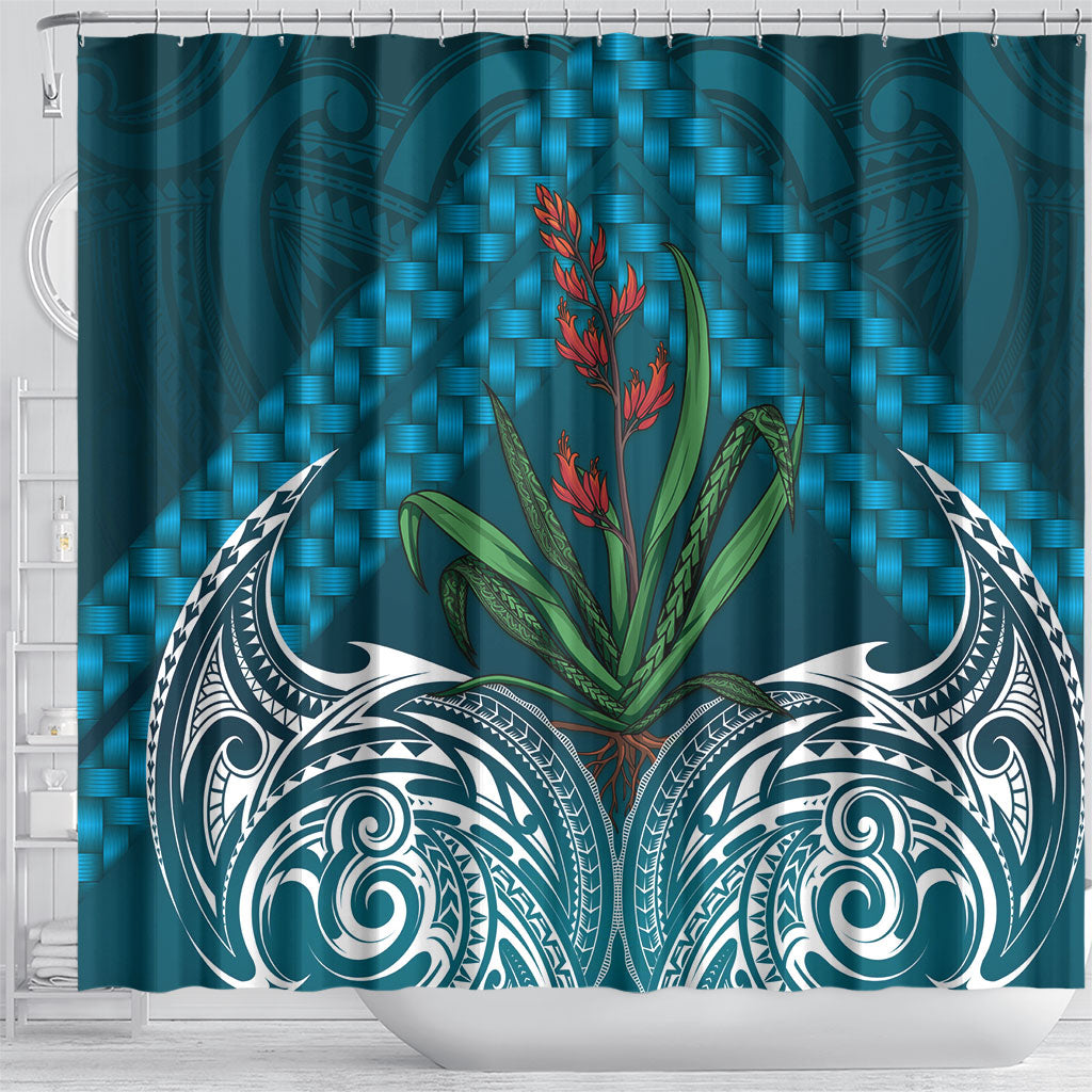 Rongoa Maori New Zealand Harakeke Shower Curtain NZ Weaving Pattern Dark Teal