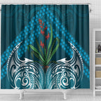Rongoa Maori New Zealand Harakeke Shower Curtain NZ Weaving Pattern Dark Teal