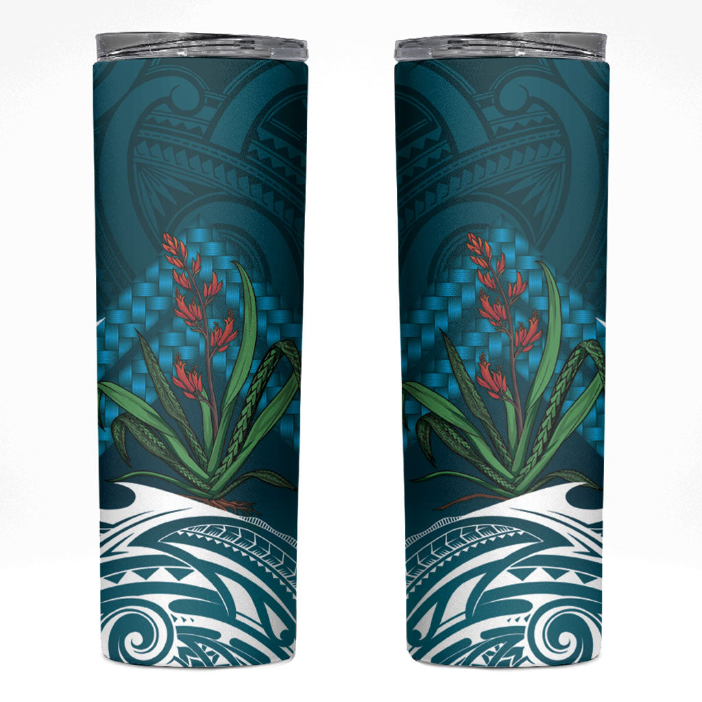 Rongoa Maori New Zealand Harakeke Skinny Tumbler NZ Weaving Pattern Dark Teal