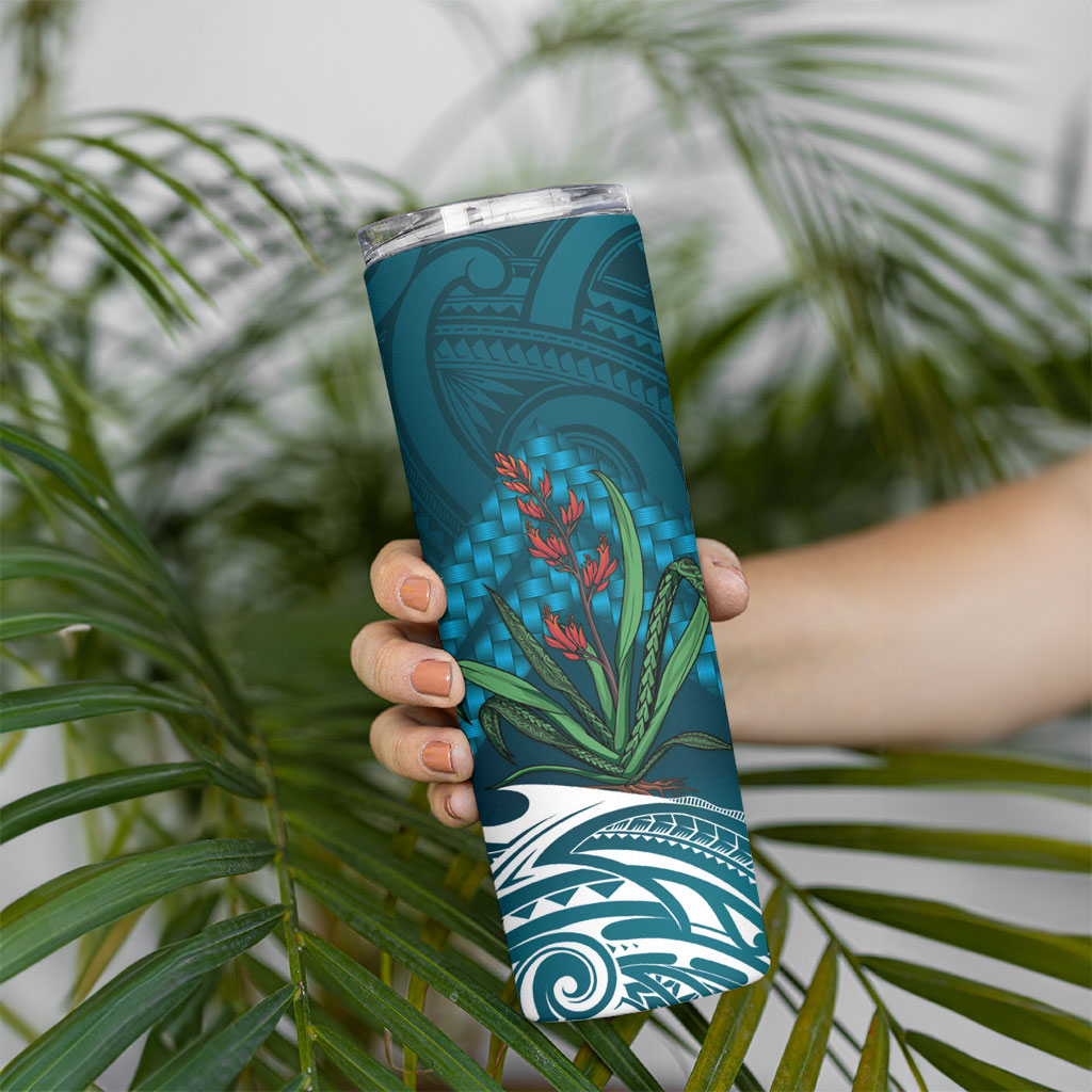 Rongoa Maori New Zealand Harakeke Skinny Tumbler NZ Weaving Pattern Dark Teal