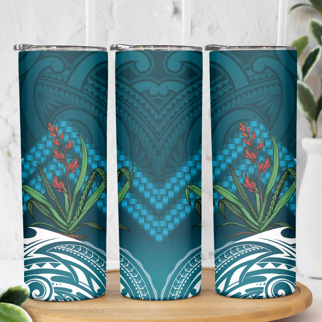 Rongoa Maori New Zealand Harakeke Skinny Tumbler NZ Weaving Pattern Dark Teal