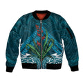 Rongoa Maori New Zealand Harakeke Sleeve Zip Bomber Jacket NZ Weaving Pattern Dark Teal