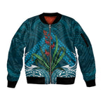 Rongoa Maori New Zealand Harakeke Sleeve Zip Bomber Jacket NZ Weaving Pattern Dark Teal