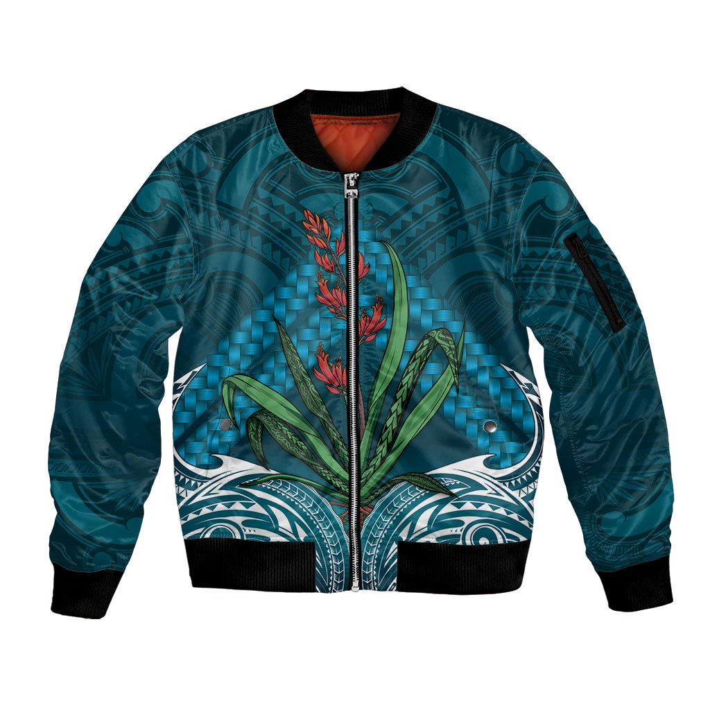 Rongoa Maori New Zealand Harakeke Sleeve Zip Bomber Jacket NZ Weaving Pattern Dark Teal