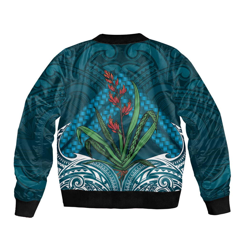Rongoa Maori New Zealand Harakeke Sleeve Zip Bomber Jacket NZ Weaving Pattern Dark Teal