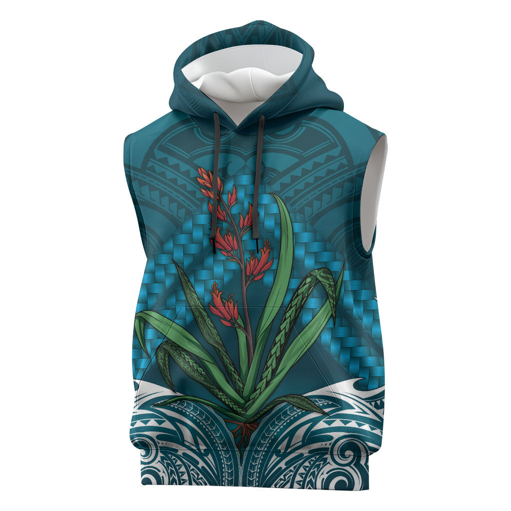 Rongoa Maori New Zealand Harakeke Sleeveless Hoodie NZ Weaving Pattern Dark Teal