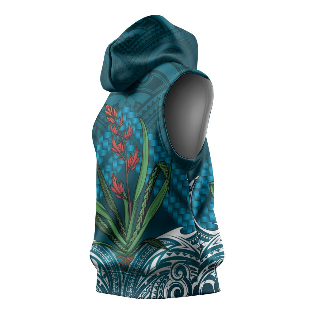 Rongoa Maori New Zealand Harakeke Sleeveless Hoodie NZ Weaving Pattern Dark Teal